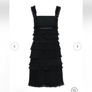Badgley Mischka Black tiered ruffled sleeveless shift cocktail party dress Sz 0